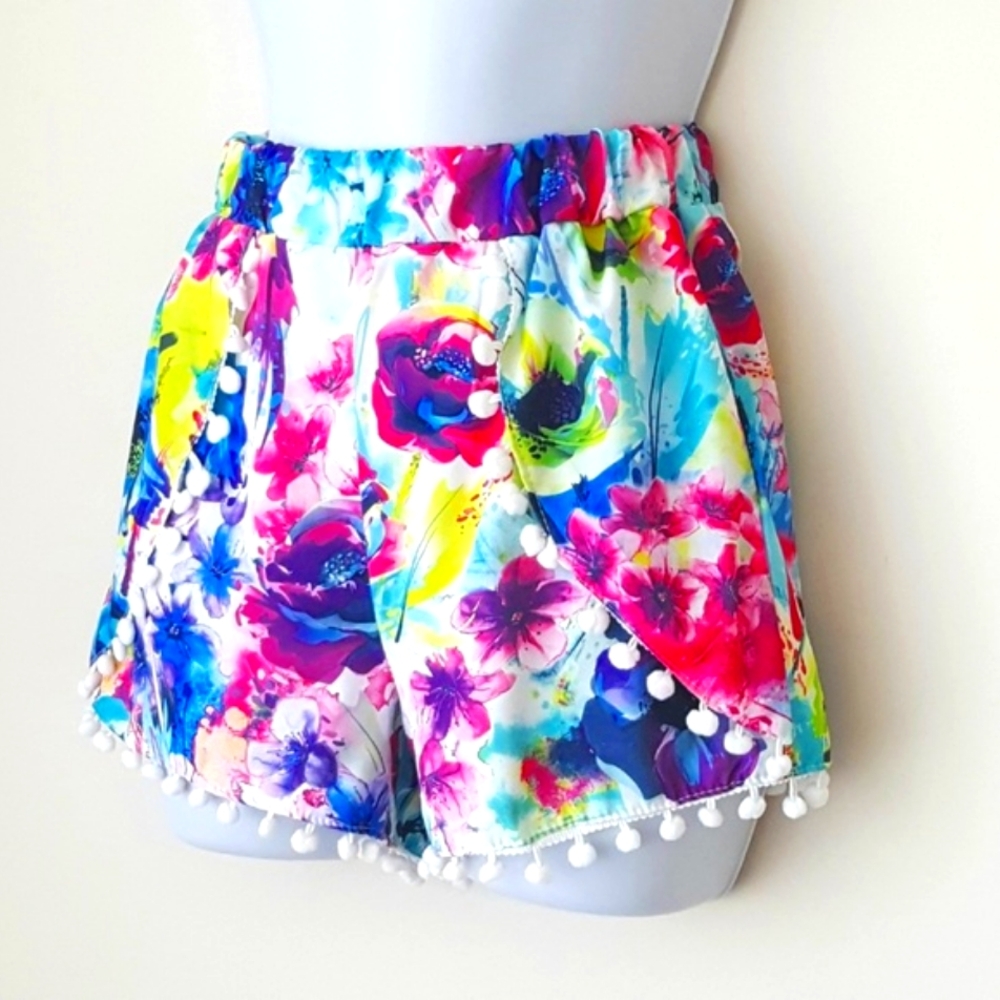 Hawaiian Floral Flowers Shorts Colorful Girly  Size Small Ball Fringe Beach